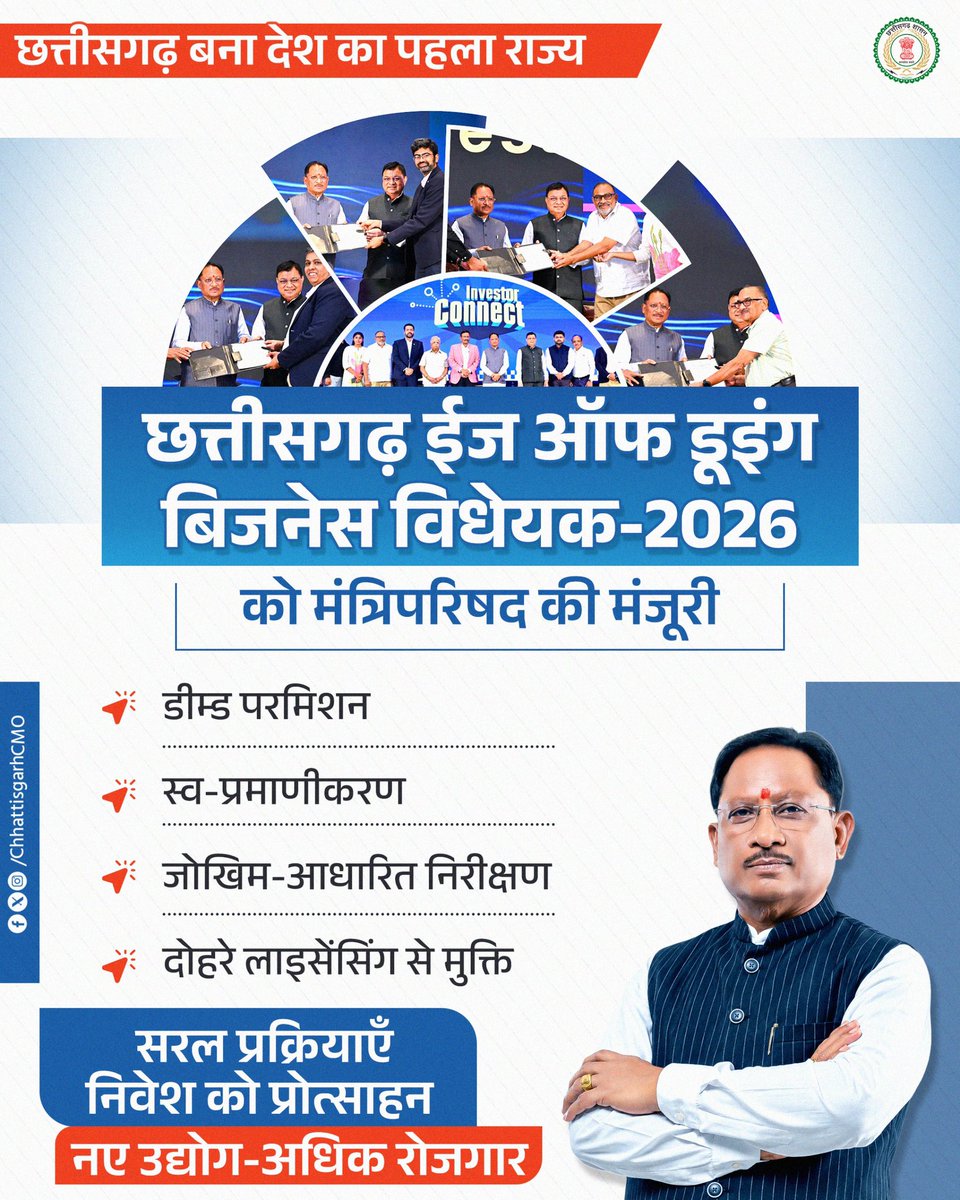 छत्तीसगढ़ विधानसभा ने आज 'छत्तीसगढ़ ईज ऑफ डूइंग बिजनेस विधेयक, 2026' पारित
